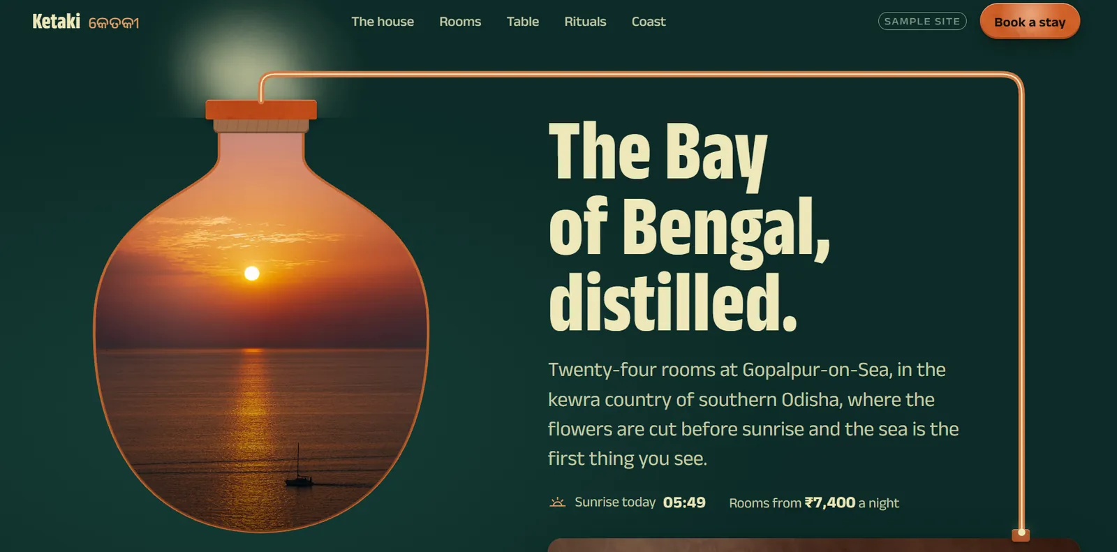 Ketaki sample hotel website: the headline “The Bay of Bengal, distilled.” beside a copper vessel that holds a sunset over the sea
