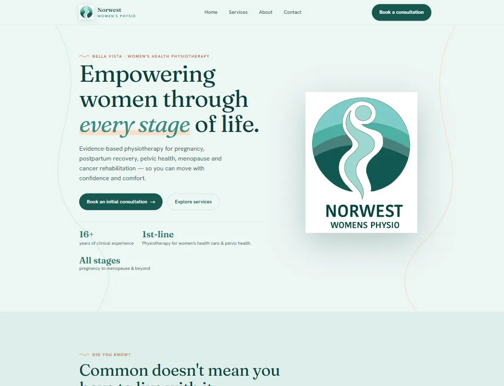 Norwest Women’s Physio home page with the headline “Empowering women through every stage of life”